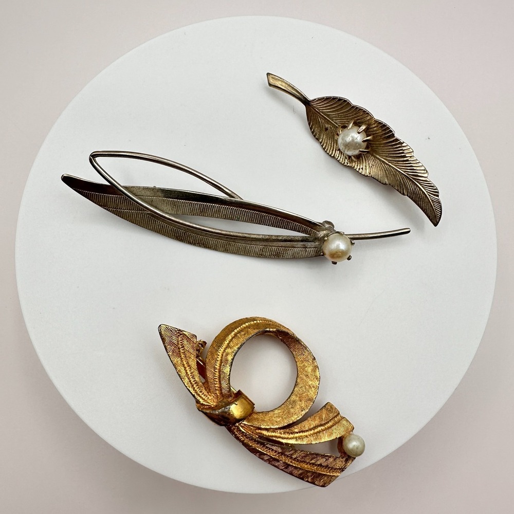 Vintage 80s 90s Pearl Brooch Set Gold Silver Leaf Bow Abstract Pins